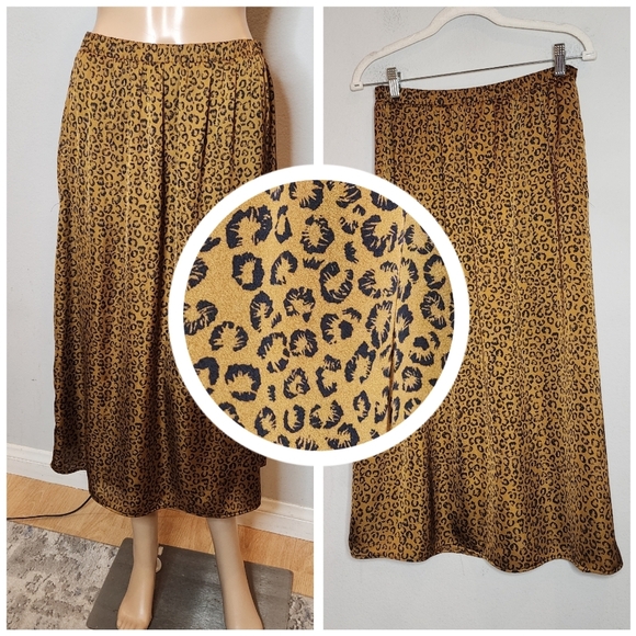 DR2 Leopard Brown Black Animal Print Pull On Midi Skirt Size Small Pockets - Picture 1 of 15